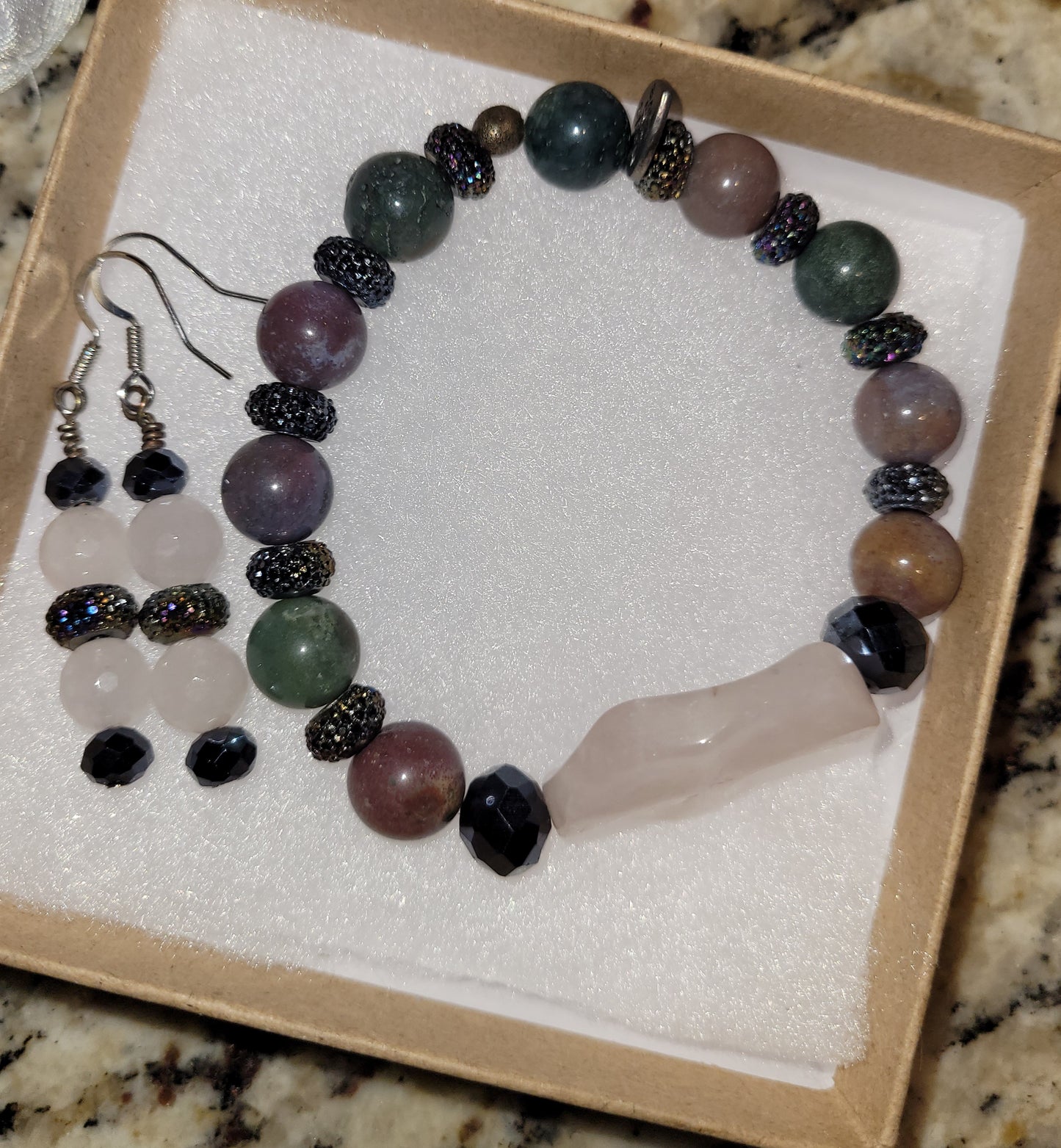 Rose Quartz Stone and Fancy Jasper Beaded Bracelet with Earrings