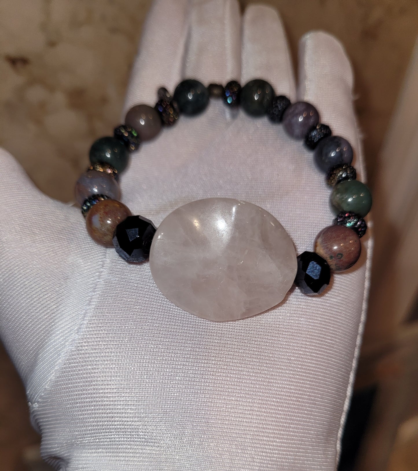 Rose Quartz Stone and Fancy Jasper Beaded Bracelet with Earrings