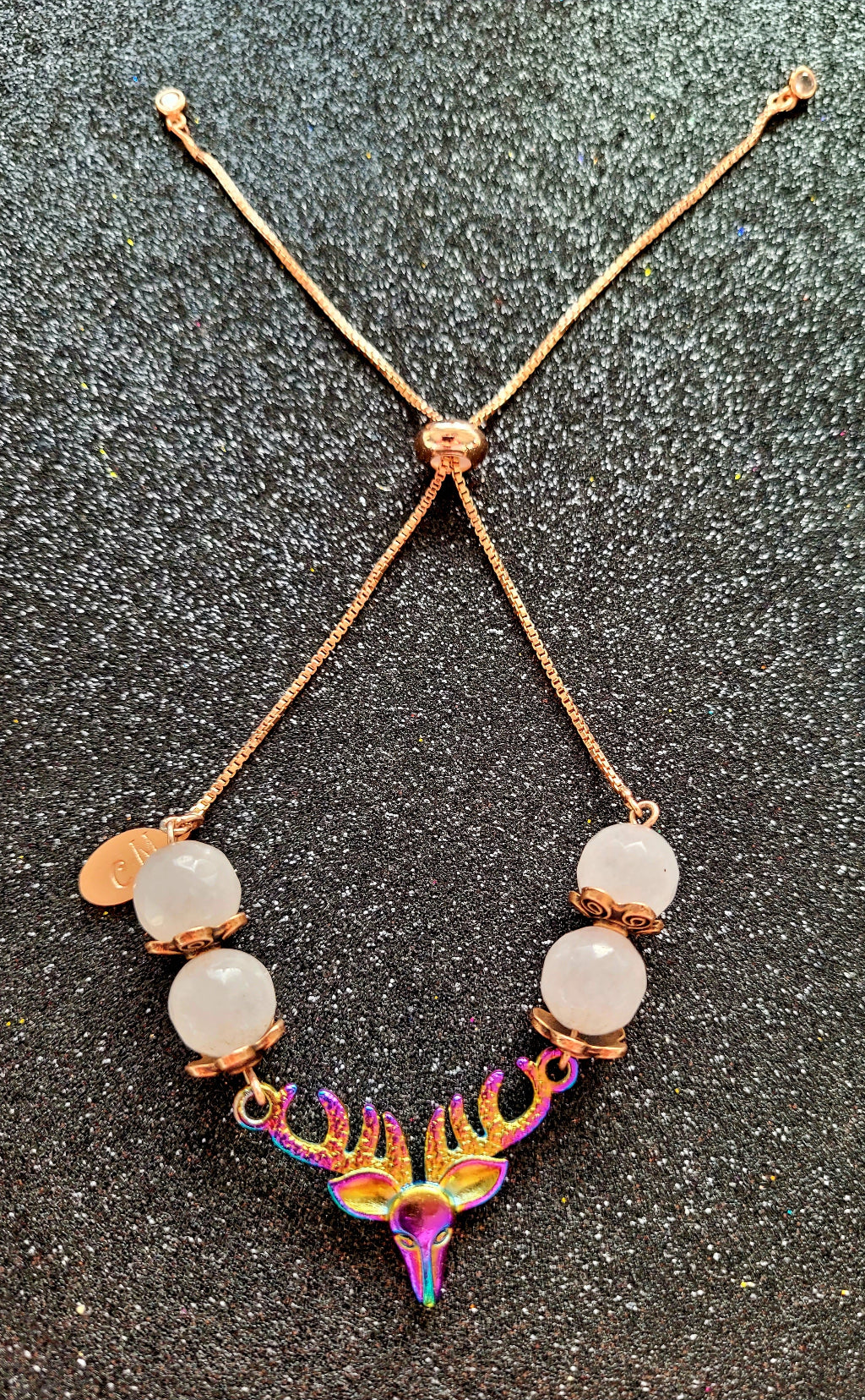 Rose Quartz Deer Buck Gemstone Slider Bracelet