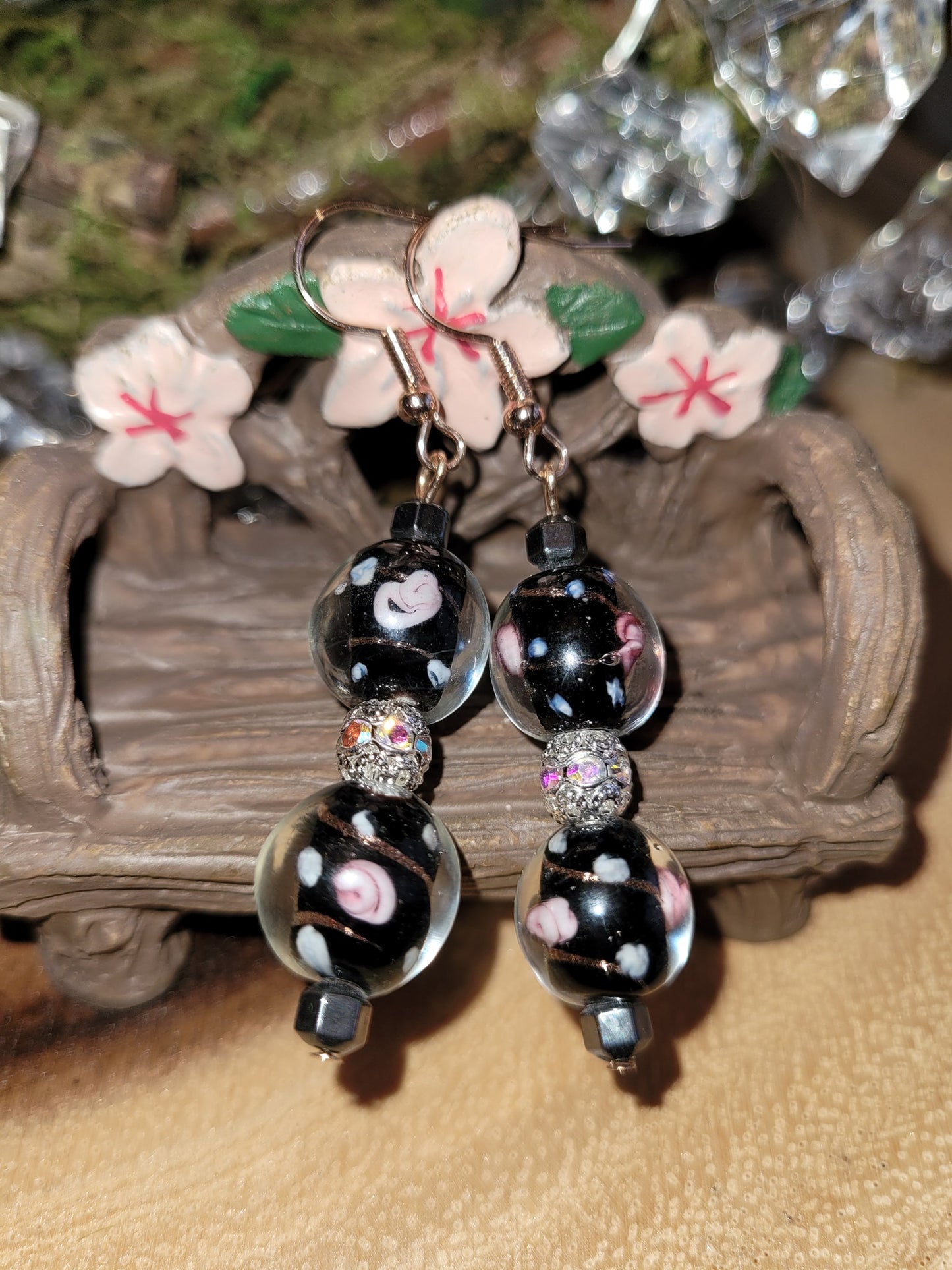 Floral Rose Lampwork Bead Drop Earrings