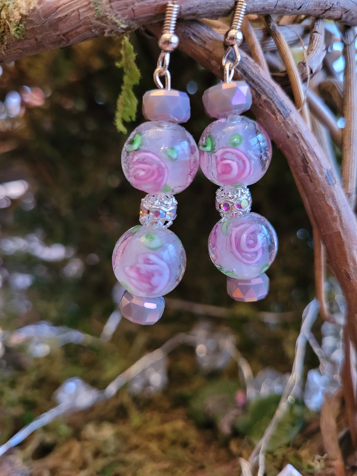 Floral Rose Lampwork Bead Drop Earrings