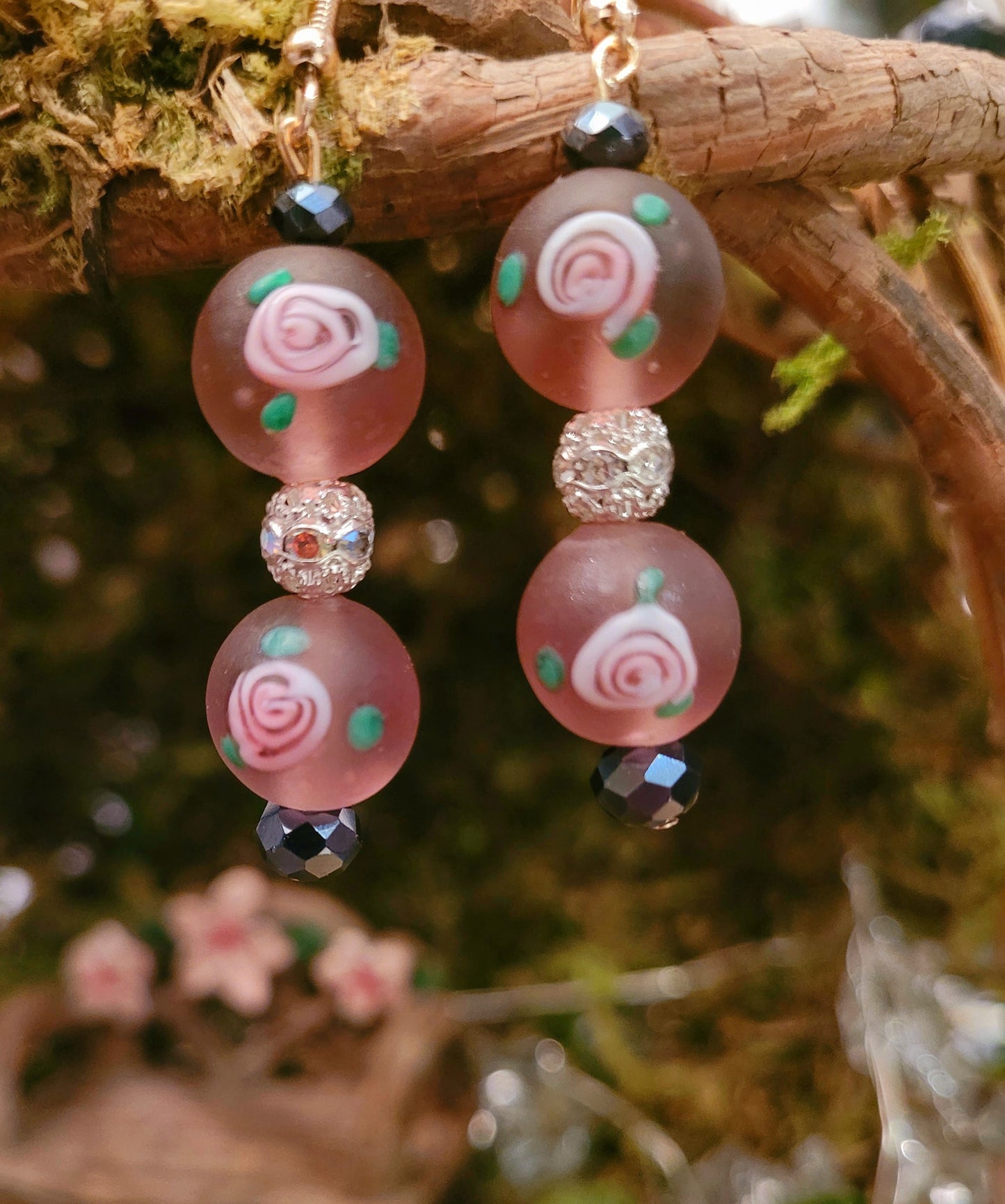Floral Rose Lampwork Bead Drop Earrings