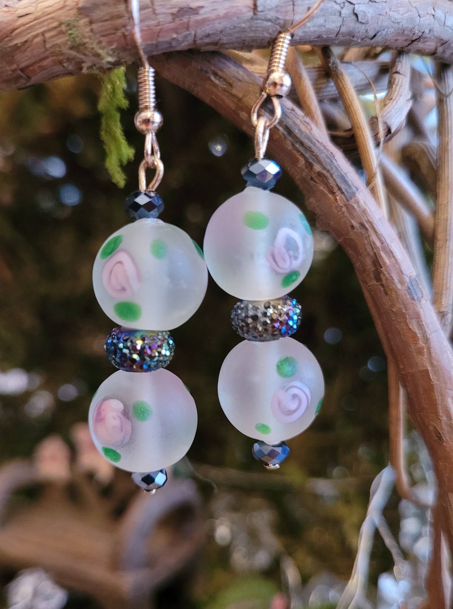 Floral Rose Lampwork Bead Drop Earrings