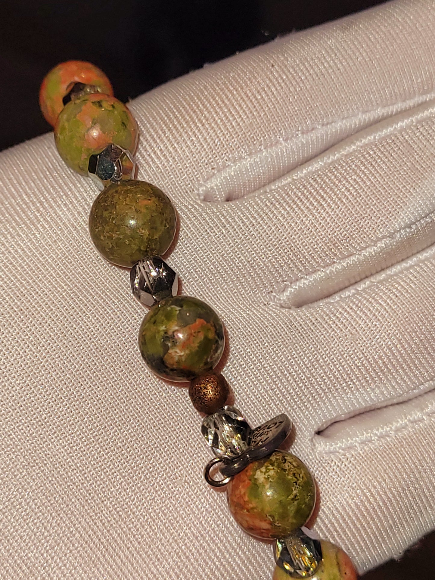 Artisan Beaded Fossil Nugget Unakite bracelet with Matching Earrings