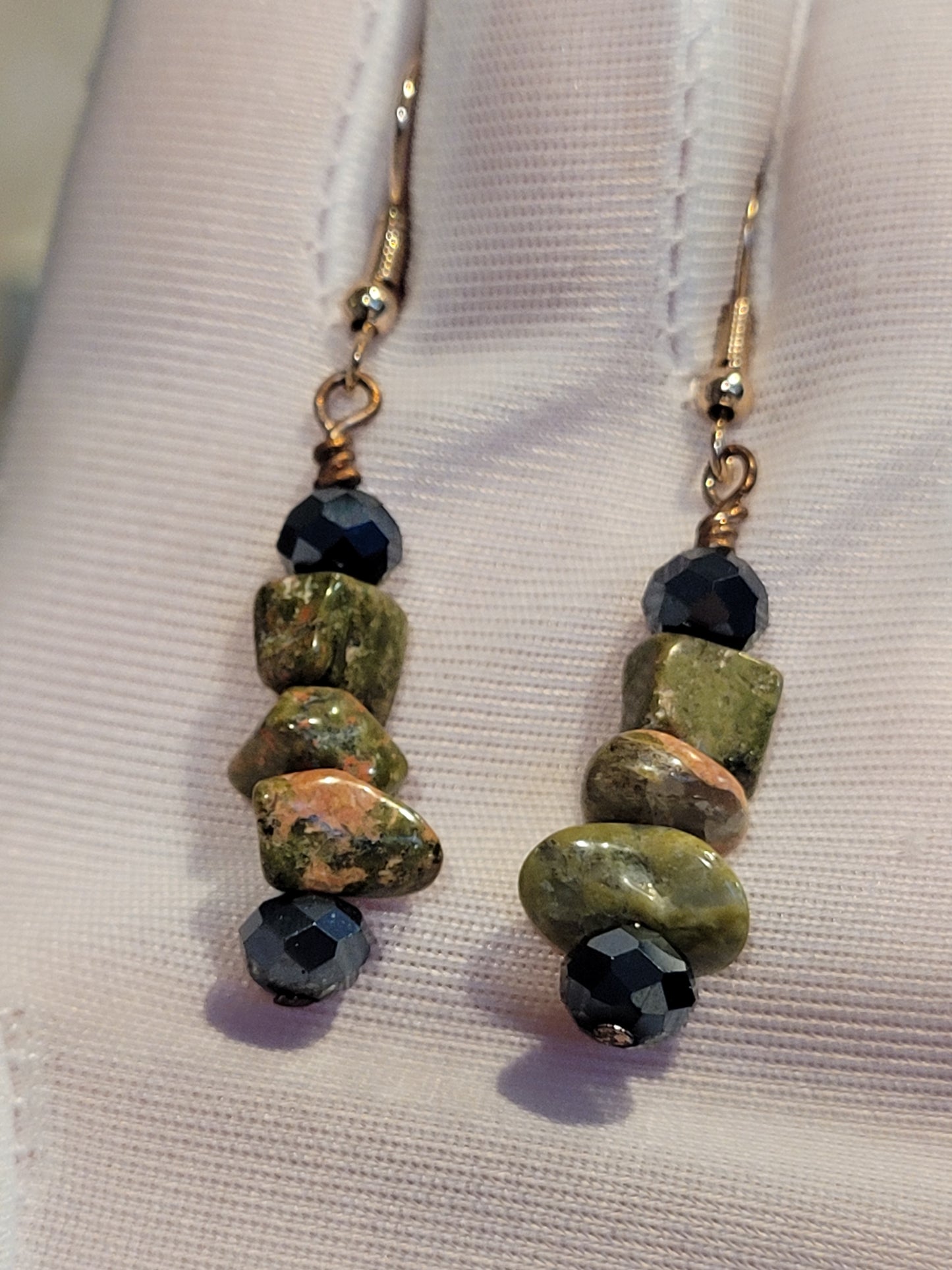 Artisan Beaded Fossil Nugget Unakite bracelet with Matching Earrings