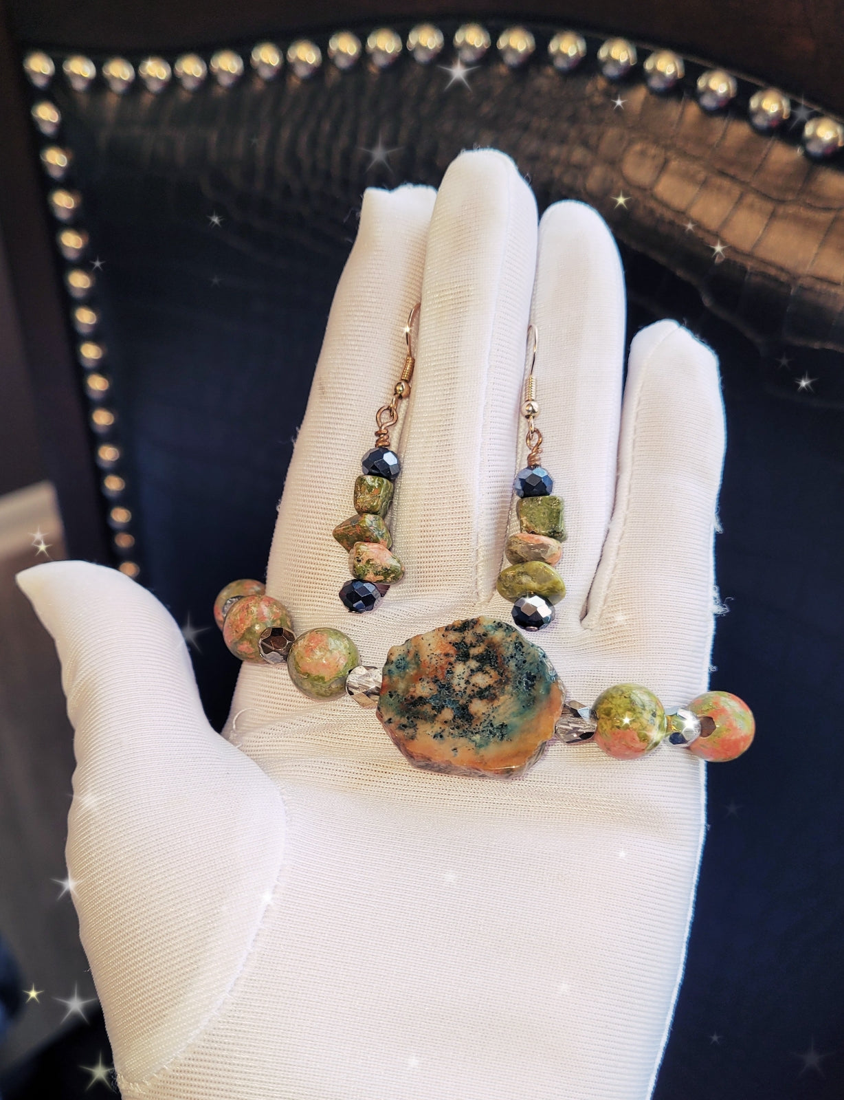 Artisan Beaded Fossil Nugget Unakite bracelet with Matching Earrings