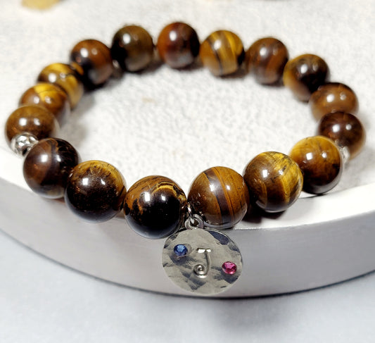 Initial Charm Bracelet Genuine Gemstone Beads Tiger's Eye